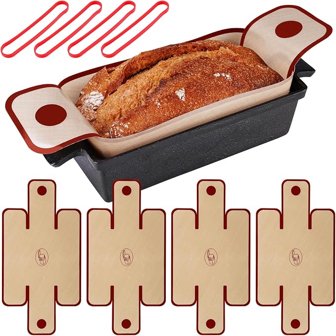 NiHome 4-Pack Silicone Bread Loaf Pan Liners, Reusable and Nonstick Silicone Bread Sling, Fit for 9x5, 9.5x5, and 10x5 Inch Loaf Pans, Dishwasher Safe, Easy to Clean - Brown base, red edges