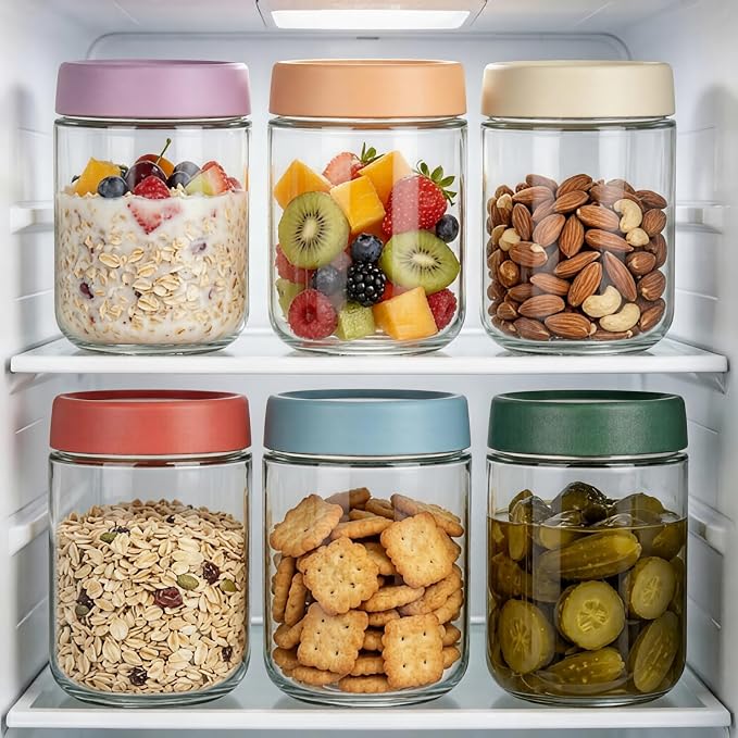 Artcochan Overnight Oats Containers with Lids 16 oz Glass Jars 6 Pack Glass Mason Jars with Airtight Lids, Perfect for Oats, Yogurt, Chia Pudding, Snack