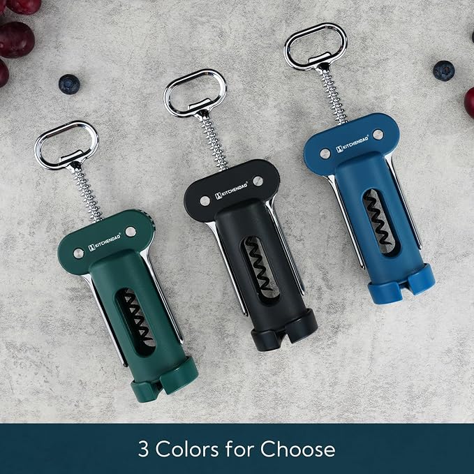 KITCHENDAO 3 in 1 Wing Corkscrew Wine Bottle Opener with Foil Cutter, Built-in Beer Bottle Opener, Multifunctional Wine Opener with Non-Stick Sharp Screw, Easy to Use, Manual Wine Corkscrew, Blue