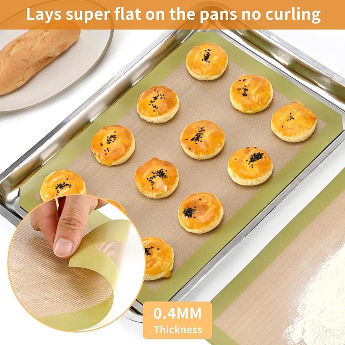 Luckyiren 2 Pack Reusable Silicone Baking Mats, Half Sheet Pan, Green/White | Two 16.54 x 11.62 in reusable silicone baking mats fit half sheet pans; green nonstick oven liners for cookies and pastry.