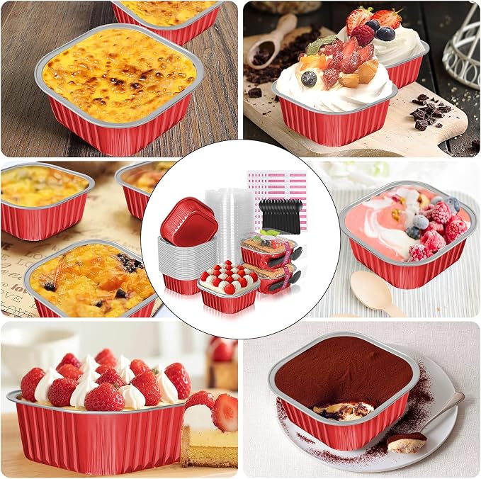 10oz Aluminum Foil Brownie Pans with Lids, 40 Pack Square Cake Pans, Disposable Ramekins Cupcake Cups Containers,Mini Cake Baking Pans,Large Muffin Tin Holder for Catering Gathering - Red