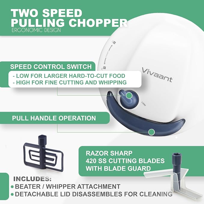 Vivaant Manual Food Processor - 5 Cup (1.2L) Capacity Hand Pull String Garlic Chopper, Manual Food Chopper with Pull Functionality, Pull Chopper and Vegetable Cutter for Effortless Cooking