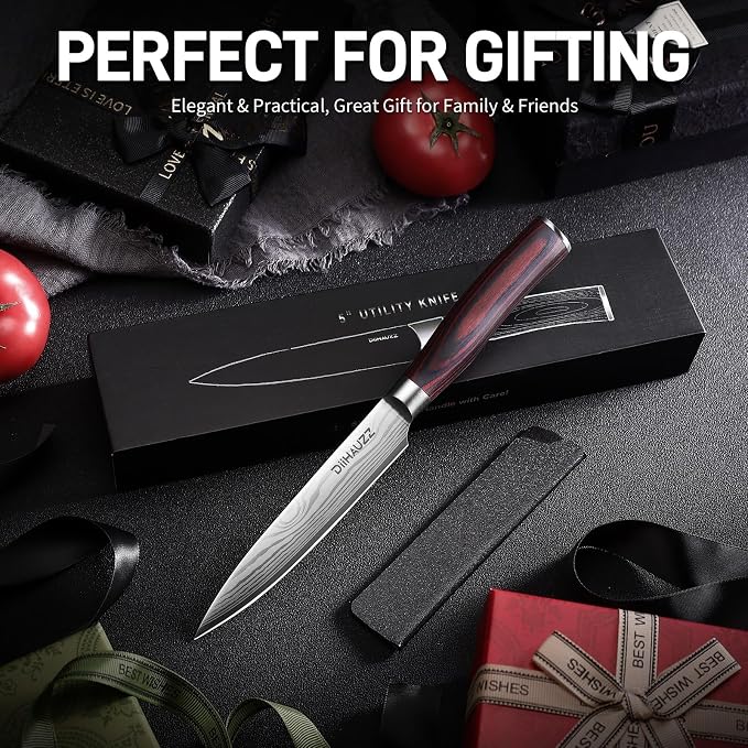 DiiHAUZZ Kitchen Utility Knife, 5 Inch Paring Knife, Ultra Sharp High Carbon Stainless Steel Chef Knife with Ergonomic Pakkawood Handle for Meat Cutting, Fruit Peeling and Vegetable Slicing