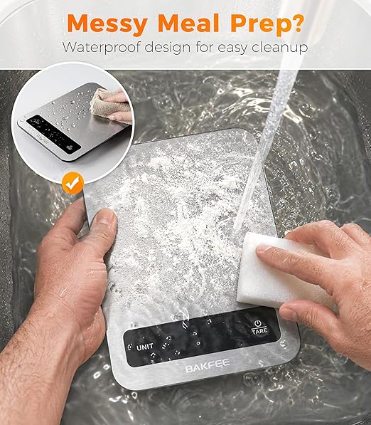 100% Waterproof Food Scale, IP67 Digital Kitchen Scale, Rechargeable (USB-C), 0.1oz/1g Precision, 22lb Capacity, Stainless Steel & Tempered Glass, for Cooking, Making Sourdough Bread, Black