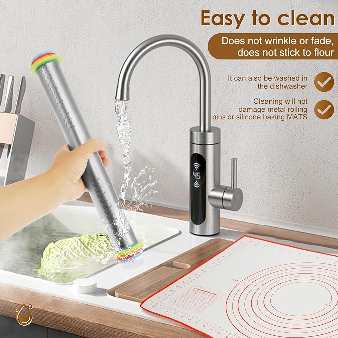 Rolling Pin and Silicone Baking Pastry Mat Set Stainless Steel Dough Roller with Adjustable Thickness Rings Nonstick Dough Roller Pin for Fondant Pizza Pie Cookies (1PC)