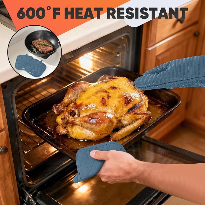 Oven Mitts Kitchen Towels and Dishcloths with Pot Holders Sets, Oven Gloves Hot Pads 500°F Heat Resistant with Silicone Grip, Include 2 Cooking Gloves/2 Potholders/4 Kitchen Towels/4 Dish Towels