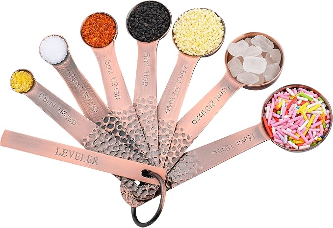 Copper Measuring Cups and Spoons Set, Stainless Steel Copper Plated 6 Metric & US Measuring Cups & 7 Spoons with Leveler for Baking & Kitchen
