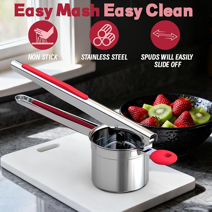 Large 15oz Potato Ricer for Mashed Potatoes, Heavy Duty 18/8 Stainless Steel Potato Masher for Baby Food & Spaetzle Maker, Masher and Ricer Kitchen Tool, Press and Mash Kitchen Gadget, Red