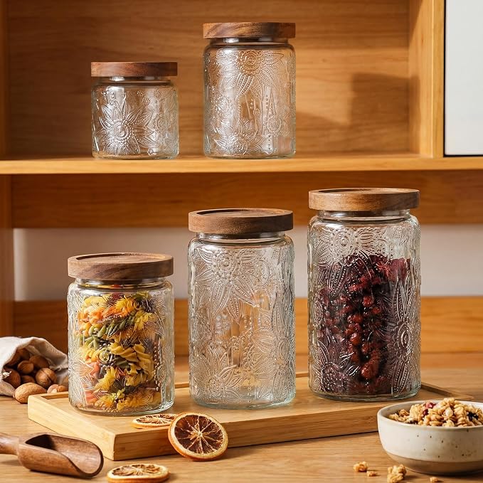 5 Pcs Sunflower Vintage Glass Jars with Bamboo Airtight Lid 17/24/34 oz Glass Food Containers Storage for Kitchen Counter Pantry Sugar Flour Coffee Tea Candy Oats Cereal(Round)