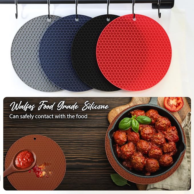 4 Pack Silicone Trivet for Hot Dishes | Heat Resistant Silicone Pot Holders for Kitchen Countertops, Hot Dishes, Jar Opener, Spoon Holder, Easy to Wash, Brown