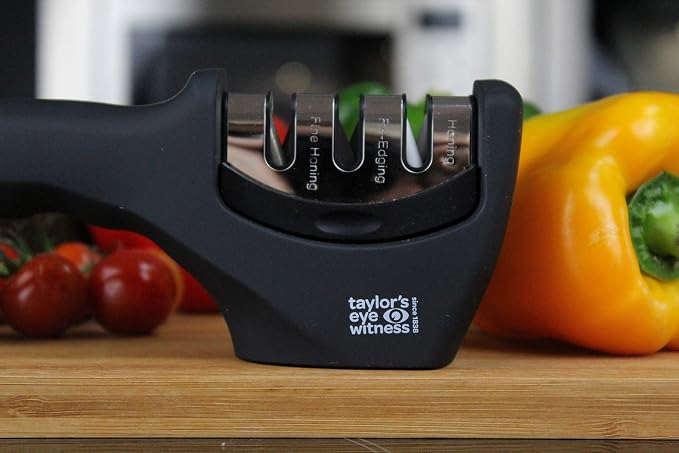 Taylors Eye Witness Professional Chef’s Kitchen Knife Sharpener - Three Stage Handheld Knife Sharpening Tool. Re-edging, Honing And Fine Honing For Many Blade Types. Non Slip Base.