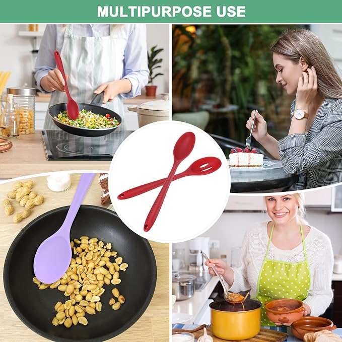 M METERXITY 2-Pack Silicone Cooking Spoons, 10.6" Mixing Nonstick Slotted and Solid Serving Spoons, Heat Resistant Utensils for Kitchen/Cooking/Baking/Stirring