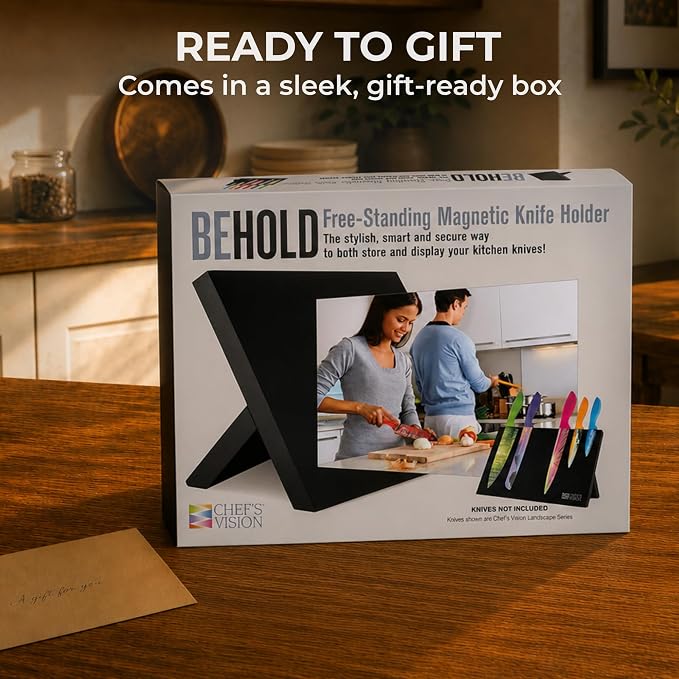 Chef’s Vision Magnetic Knife Block - Black Magnetic Knife Stand for Kitchen Counter - Freestanding Knife Display Holder for Colorful Knives - Modern Kitchen Décor