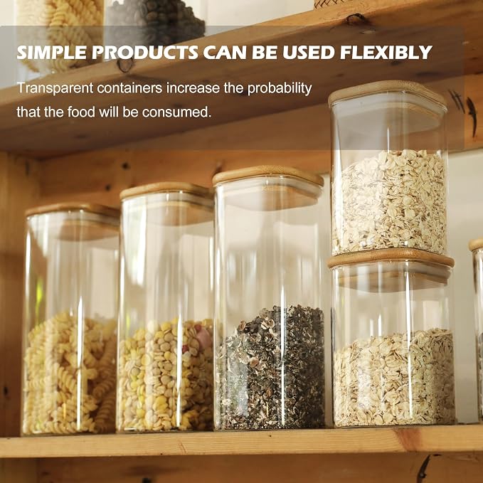 LIBWYS 8-Pack Square Glass Storage Jars with Bamboo Lids (0.6Qt/1.06Qt) | Stackable Dry Food Containers for Pantry Organization, Coffee, Flour, Snacks, Tea, Sugar | Kitchen Canisters Set