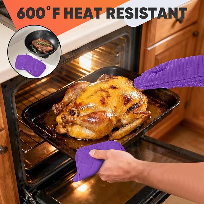 Oven Mitts Kitchen Towels and Dishcloths with Pot Holders Sets, Oven Gloves Hot Pads 500°F Heat Resistant with Silicone Grip, Include 2 Cooking Gloves/2 Potholders/4 Kitchen Towels/4 Dish Towels