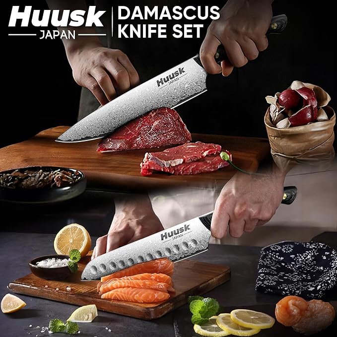 Huusk Damascus Chef Knife Set 3 PCS,VG10 Santoku Knives set,Damascus Kitchen Utility Knives set with Ebony Handle, Paring Knives Set for Meat Vegetable Fruit, Christmas Gift for Men and Women