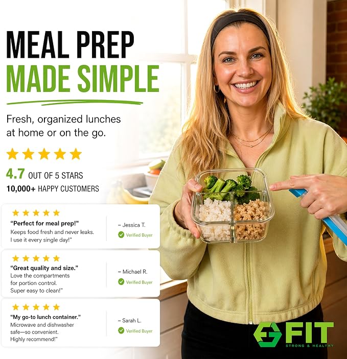 Glass Meal Prep Containers 2 and 3 Compartments, Leak-Proof, 32 oz, 4 Pack | Food Storage Bento Box, Lunch Containers Set, Snack Boxes, Portion Control, Dishwasher Oven Freezer Safe, Airtight Lids Blue