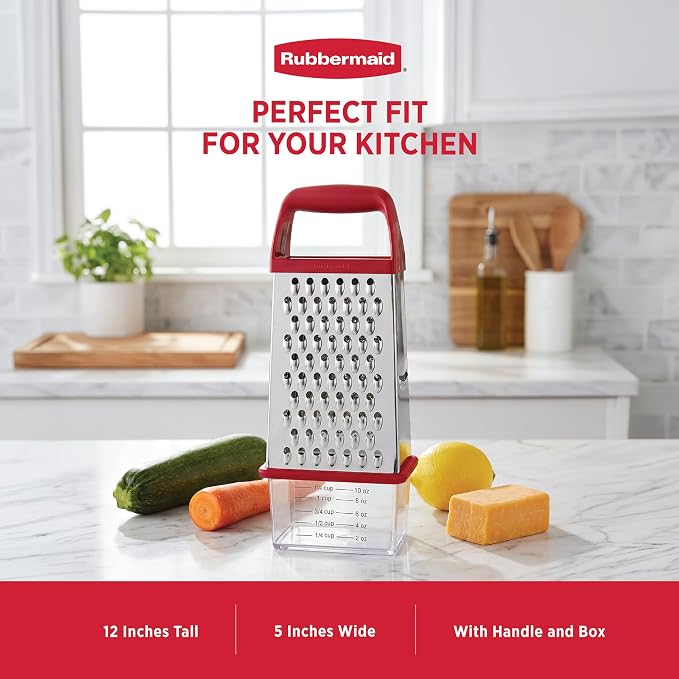 Rubbermaid EZ Grip Box Grater, Stainless Steel Cheese Grater & Container - BPA Free Multi-Surface Cheese Shredder & Food Grater for all Vegetables | Graters for Kitchen -Non-Slip Base, Dishwasher Safe