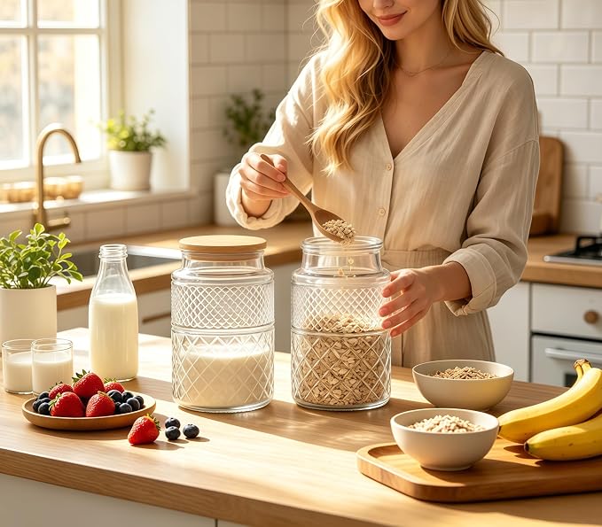 Large Glass Storage Jar, 60 FL OZ Glass Food Storage Containers with Bamboo Lid, Kitchen Laundry Room Organization Jar for Cookies Coffee Flour Sugar Laundry Pods Detergent Airtight Glass Jars | Kitchen Pantry Thick Glass Container for Flour Sugar Cook...