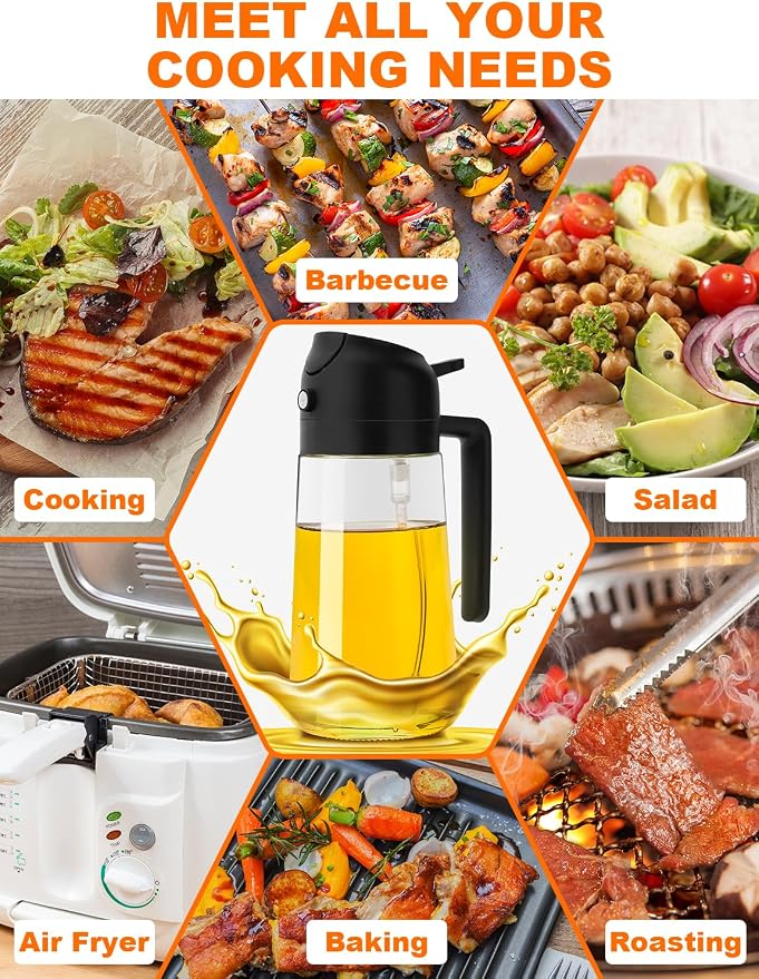 Oil Sprayer for Cooking Oil Oil Spray Bottle Kitchen 2 in 1 Glass Oil Atomiser 470 ml Oil Sprayer Oil Bottle Oil Dispenser for Grilling, Cooking, Salads, Baking, Healthy Food Kitchen Utensils