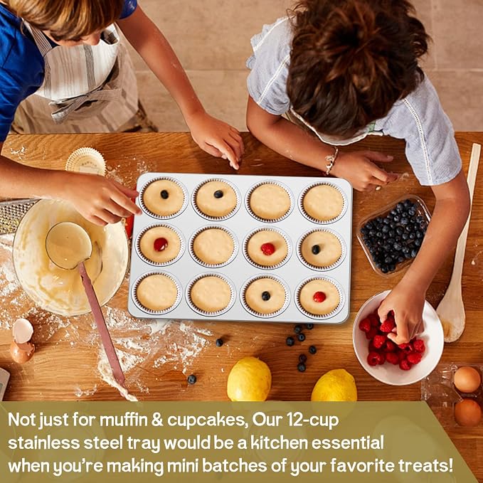 TeamFar 12-Cup Muffin Pan, Stainless Steel Muffin Tin | Metal Cupcake Baking Pan for Oven, Regular Size & Non Toxic, Easy Clean & Dishwasher Safe