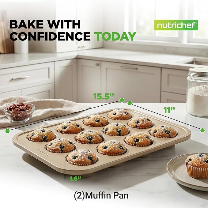 NutriChef Muffin Pans for Baking 2-Pack | Nonstick 12 Mold Cupcake Tins | Carbon Steel Stackable Cup Cake Trays | Dishwasher & Oven Safe | Includes 100 Parchment Paper Liners | 13 x 10 x 1 | Gold