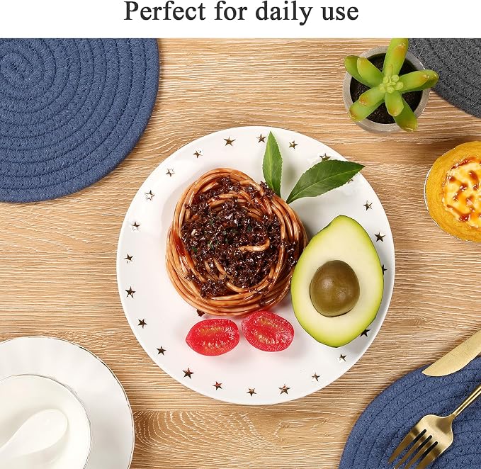 SHACOS 8 Inch Trivets for Hot Dishes, 4 Pcs Cotton Trivets Mats for Kitchen, Hot Pads for Countertops and Table, Heat-Resistant Pot Holders for Hot Pots and Pans(Blue+Dark Grey) (Pack of 2)