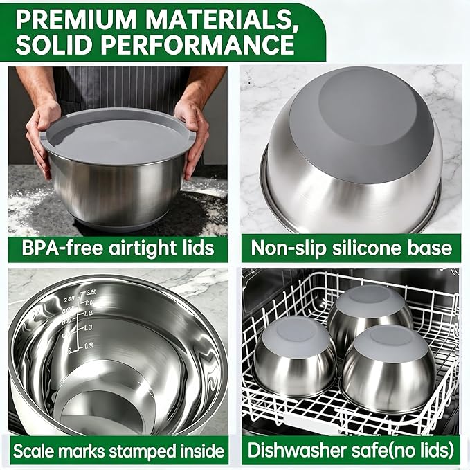 Deedro Mixing Bowls with Airtight Lids, 22Pcs Stainless Steel Mixing Bowls Set Nesting Bowls with Non-Slip Silicone Base, thicker Metal Bowls for Baking & Prepping, 1.5/2/3/4/5 QT, Gray