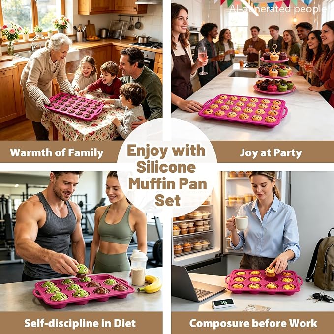 Silicone Muffin Pan Set: Non Stick 12 & 24 Silicone Muffin Pans for Baking Easy Release - Complete Shaping Each Use Avoid Re‑baking - BPA-free Cupcake Tin Reinforced Frame for Oven Home Bakers