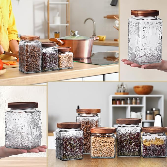 5 Pcs Sunflower Vintage Glass Jars with Bamboo Airtight Lid 17/24/34 oz Glass Food Containers Storage for Kitchen Counter Pantry Sugar Flour Coffee Tea Candy Oats Cereal(Square)