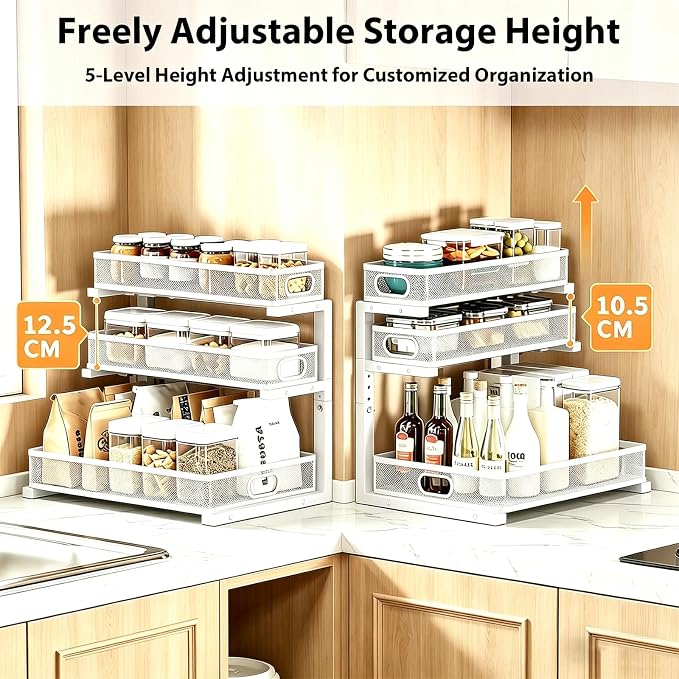 2 Pack Under Sink Organizer, 3-Tier Pull Out Kitchen Cabinet Organizer | 5 Adjustable Heights, Metal Slide Out Bathroom Storage, Makeup Drawer Rack for Bedroom Office Pantry Home Organization, White