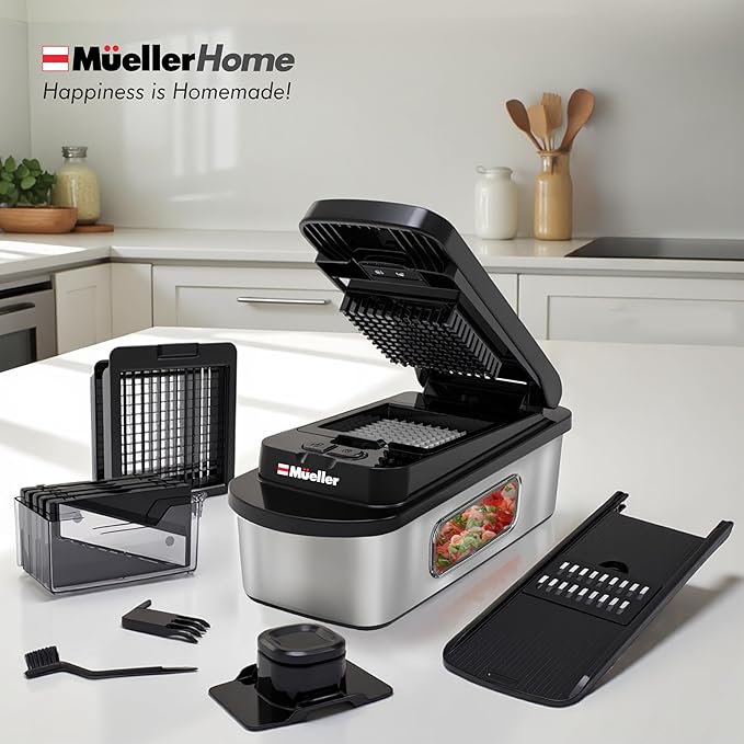 MUELLER HOME Pro-Series 10-in-1, 8 Blade Stainless Steel Multi Vegetable Chopper And Mandoline Slicer, Kitchen Tools and Gadgets, Food and Veggie Chopper, Mincer, Dicer, French Fry Cutter, Black