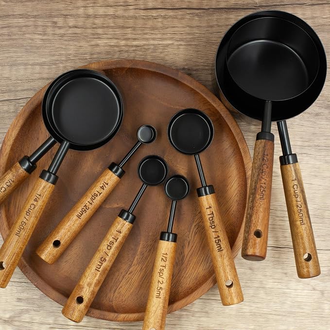 Measuring Cups and Spoons Set of 8, Stainless Steel Measuring Cup with Wooden Handle, Kitchen/Food/Liquid/Baking (Black)