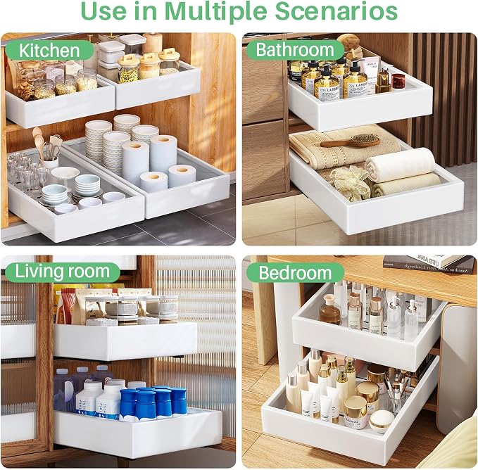 2Pack Pull out Cabinet Organizer, 21"Deep, Heavy Duty Full-extension Slide out Drawers for Kitchen Cabinet, Roll out Shelf Storage with Nano Adhesive for Pots, Bathroom, Pantry, Home, White