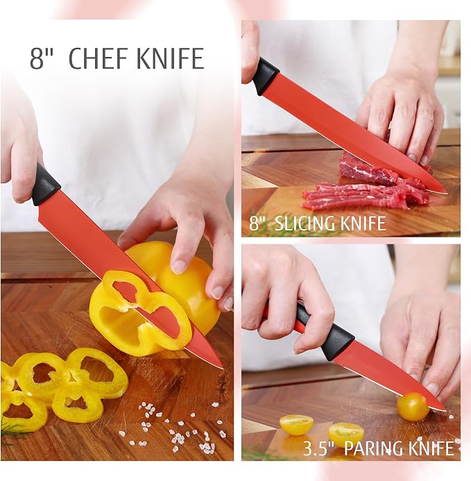 hecef 14 Pieces Kitchen Knife Set with Built-in Sharpening Wooden Block, Dishwasher Safe, High Carbon Stainless Steel Knife Block Set with Steak Knives, Kitchen Scissors (Red)