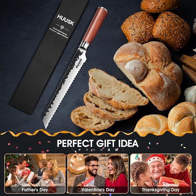 Huusk Serrated Bread Knife 8 inch, Upgraded Carbon Steel Japanese Bread Knife, Breads Slicing Knives for Cutting Homemade Breads, Bagel and Sourdough with Gift Box, Gift Idea for Men & Women