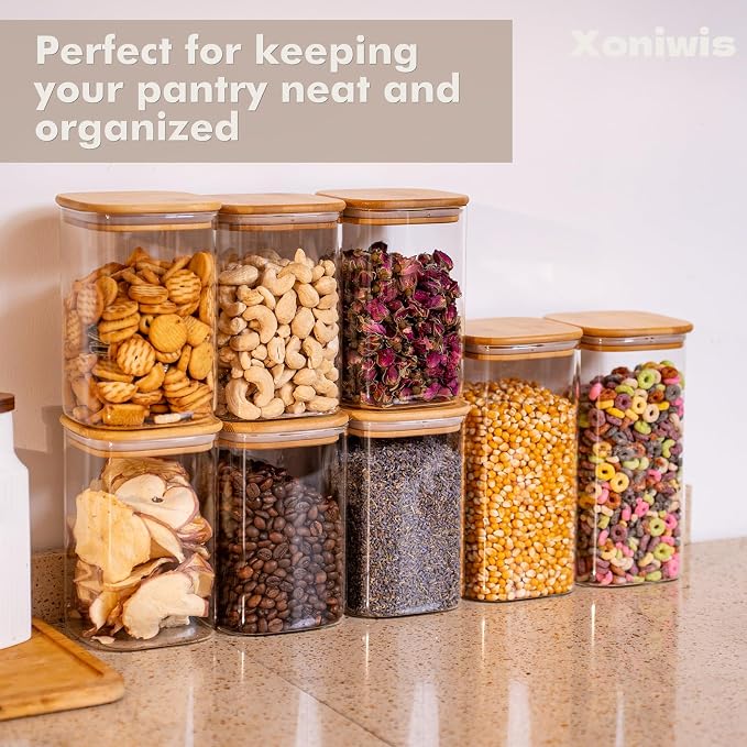 6-Pack 1.2Qt Square Glass Storage Jars with Bamboo Lids | Minimalist Kitchen Organizer,Pantry Storage Container,Food Storage Container,Scandinavian Style Storage,Nordic Style Storage