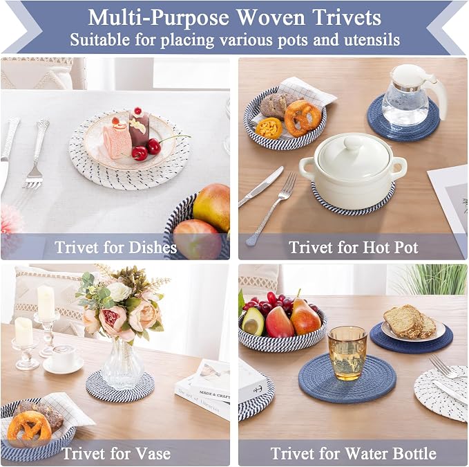 SHACOS 8 Inches Trivets for Hot Dishes, 4 Pieces Cotton Trivets Mats for Kitchen with Storage Basket, Hot Pads for Countertops and Table, Heat-Resistant Pot Holders for Hot Pots and Pans