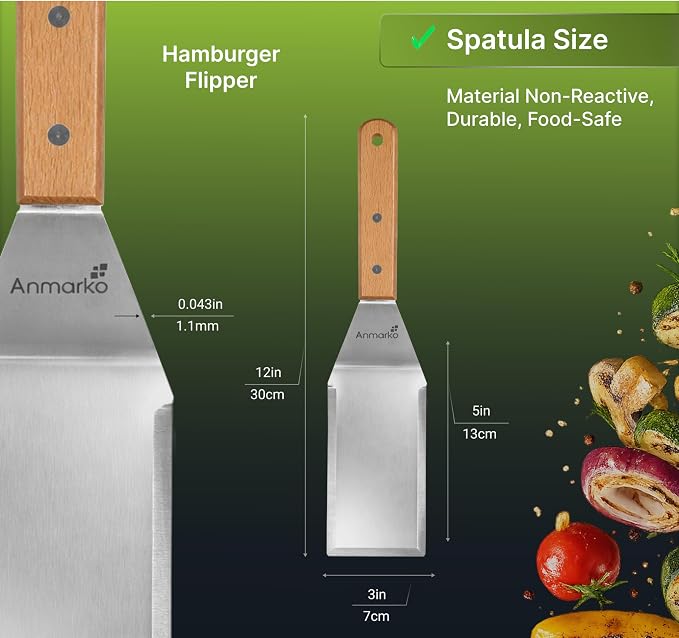 Anmarko Professional Metal Spatula with Wooden Handle, Stainless Steel Griddle Scraper, Commercial Grade Pancake Flipper