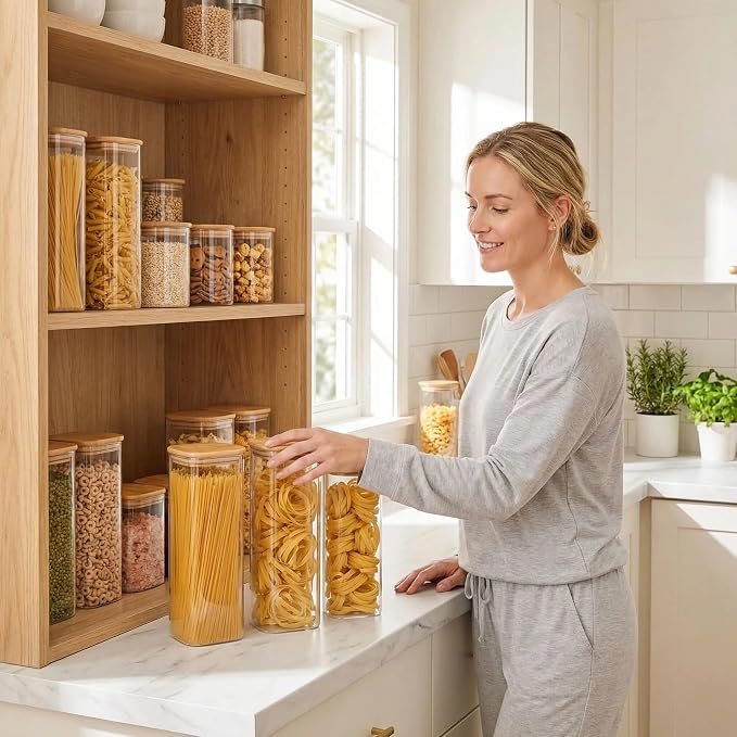 Pasta Storage Containers 3 Pack, 78oz Square Airtight Glass Spaghetti Container with Bamboo Lids, Tall Glass Pasta Storage Jar for Pantry Organization Spaghetti Linguine Fettuccine Cereal