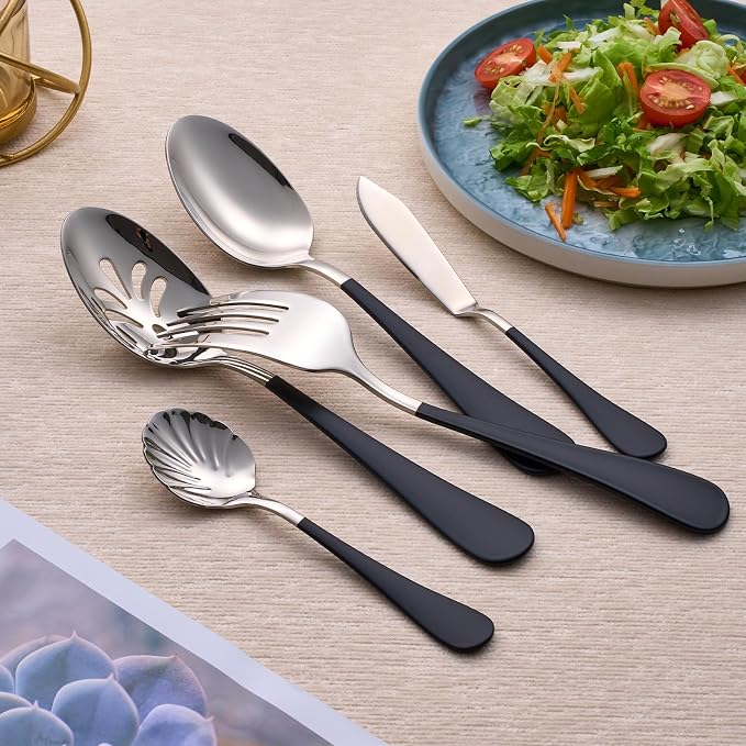 10 Pieces Black Serving Set, 18/0 Stainless Steel Hostess Set, Slotted Serving Spoon, Salad Serving Spoon/Fork, Butter Knife, Two Color Combinations, Dishwasher Safe