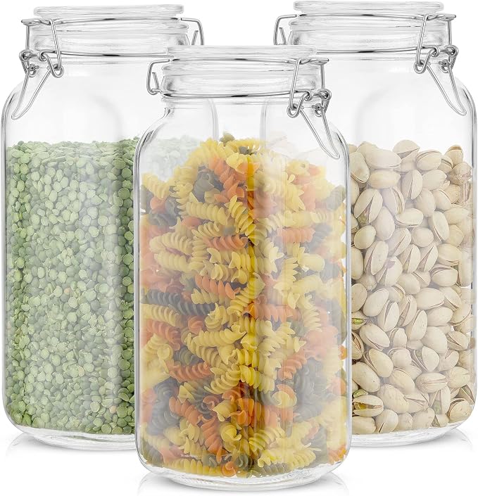 JoyJolt Airtight Glass Jars with Lids Set of 3. 78oz Glass Jar with Lid and 6 Silicone Seals! Large Glass Food Storage Containers. Square Mason Jar, Candy Jar, Flour Jar, Pasta Containers for Pantry