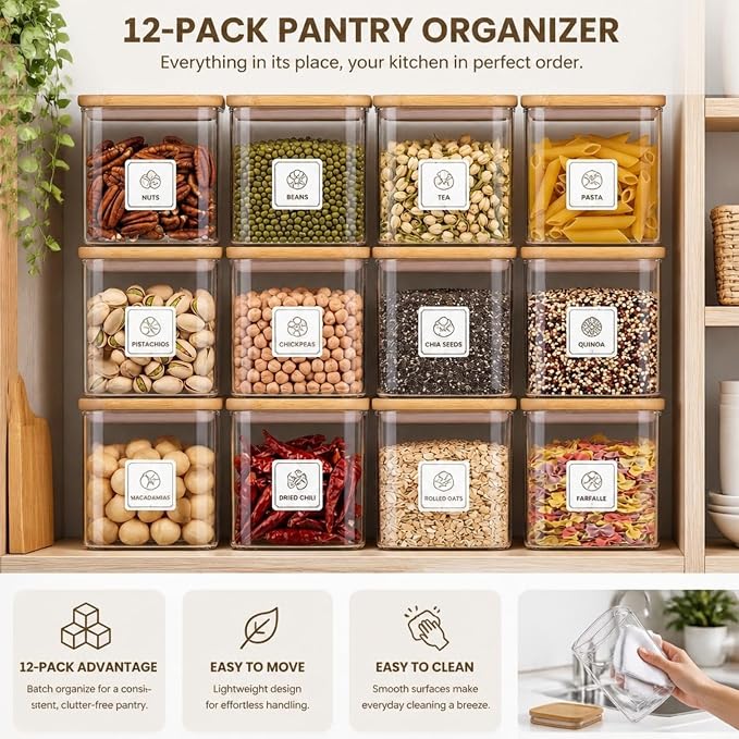 12 Pcs 25oz Plastic Square Pantry Storage Container with Bamboo Lid | Food Storage Containers with Airtight Lids, Fit Serving Tea Sugar Cookies Storing Oats Coffee Bean Nuts Spices