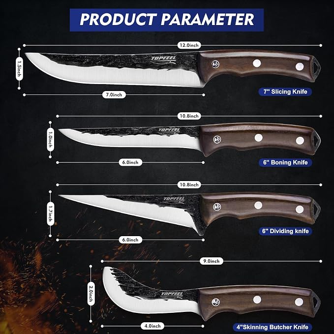 Topfeel 4PCS Hand Forged Butcher Knife Set - Slicing Knife,Boning Knife, Dividing Knives,Skinning Butcher Knives,High Carbon Steel Meat Cutting cleaver for Home Kitchen & Outdoor