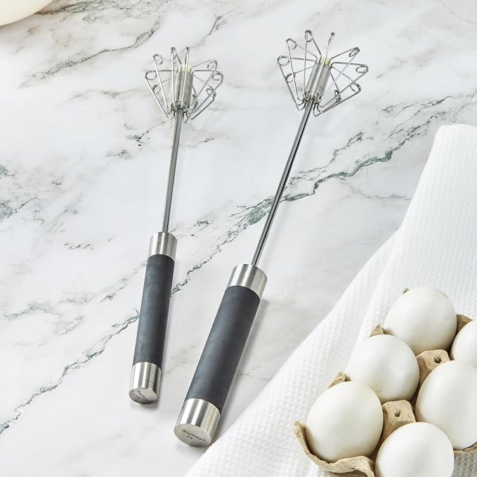 BergHOFF Essentials Stainless Steel 12" Miracle Whisk, Rotate Balloon Head, Soft-touch Handle, Beating Eggs, Dough, Mixing, Stirring, Black