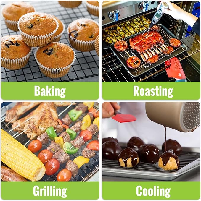 HULISEN Cooling Rack 4-Pack, 16 x 10 Inch Nonstick Baking Rack with Handles | Fits Half Sheet Pan, Oven Safe 500°F, Easy Lift Design for Cookies, Cakes & Baked, Cookie Cooling, Baking, Cooking, Grilling