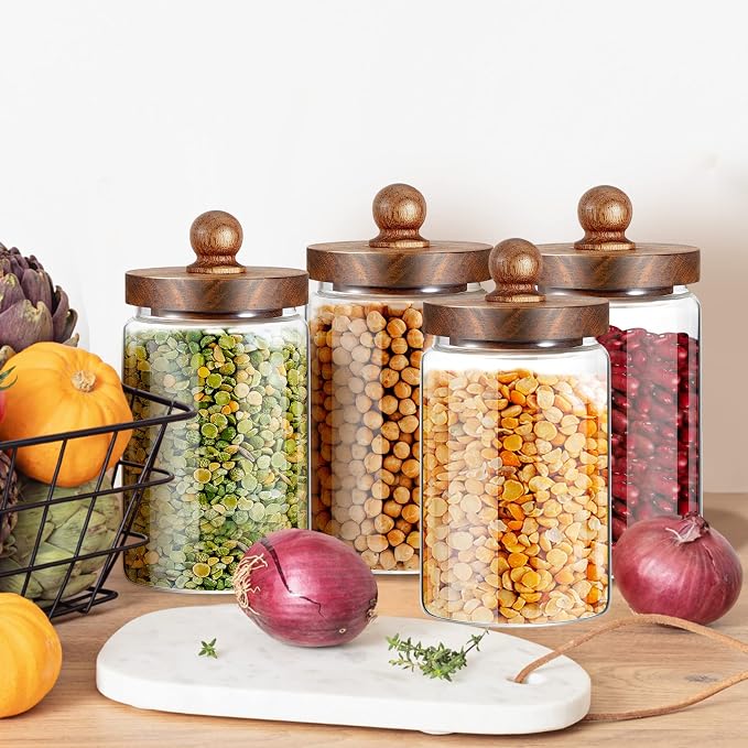 Gerrii 4 Pcs 32 oz Glass Food Storage Jar with Acacia Wood Lids Airtight Sealed Clear Glass Canisters Air Tight Glass Container Jar for Coffee Beans Nuts Loose Leaf Tea Sugar Spice Candy Rice Pasta