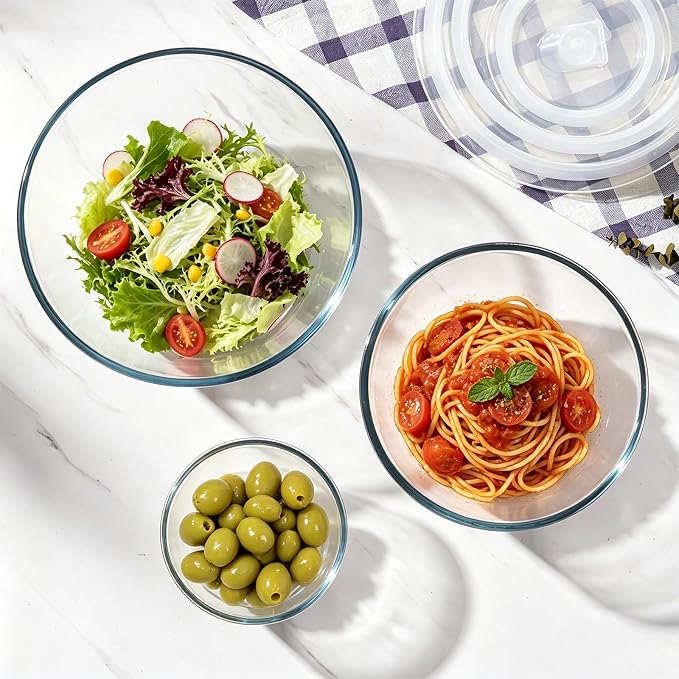 E-far Glass Mixing Bowls with Airtight Lids Set for Cooking Prep Serving | Thick Glass Salad Bowls, Large Clear Nesting Bowls for Storage Sourdough Proofing, Dishwasher Safe, 4.8,2.9,0.8 Qt, 3 Pack