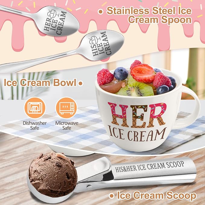 FUTBU Anniversary Couple Gift Ice Cream Bowls and Spoon Scoop Set, His and Hers Gifts, Mothers Day Couples His Her Ice Cream Accessories Bowl Present, Unique Wedding Gift 2025 for Friends