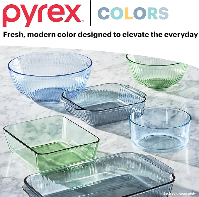 Pyrex Colors Tinted (3-Pack, Full Set) Sculpted Tinted Glass Mixing Bowls | 1.3, 2.3 & 4.5 QT nesting set of bowls with plastic lids for prepping & baking, dishwasher safe